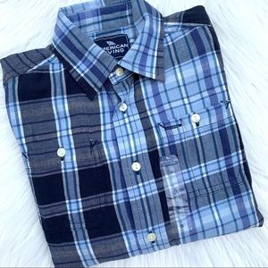 NWT American Living Blue Plaid 100% Cotton Button Up Shirt Boy 5
